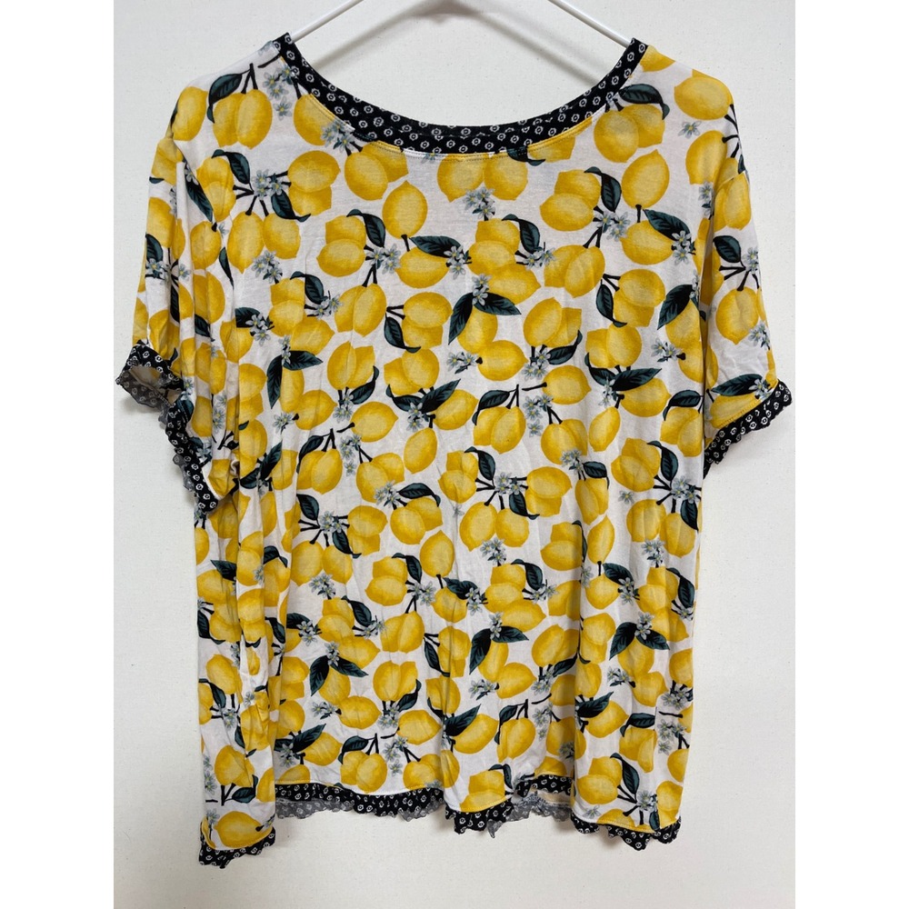 Secret Treasures Womens Lemon Print Pajama Top Short Sleeve Scalloped Lace Hem